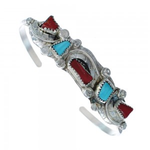Genuine Sterling Silver Turquoise and Coral Zuni Leaf Cuff Bracelet JX124975