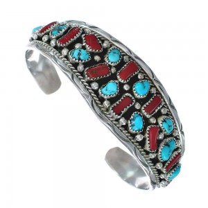 Coral and Turquoise Sterling Silver Authentic Navajo Cuff Bracelet JX125023