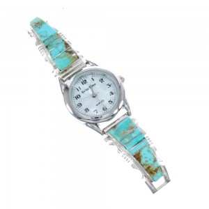 Native American Navajo Sterling Silver Turquoise Inlay Watch JX125027
