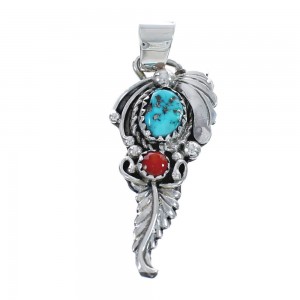 Sterling Silver Turquoise And Coral Leaf Pendant AX125417