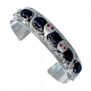 Onyx And Coral Zuni Silver Effie Calavaza Snake Bracelet JX125334