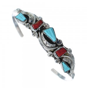 Genuine Sterling Silver Turquoise and Coral Zuni Leaf Cuff Bracelet JX125312