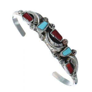 Genuine Sterling Silver Turquoise and Coral Zuni Leaf Cuff Bracelet JX125315