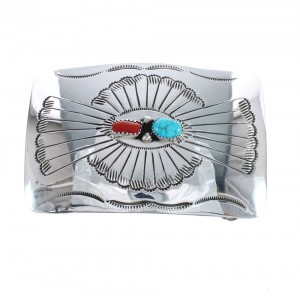 Native American Navajo Sterling Silver Turquoise And Coral Belt Buckle AX125184