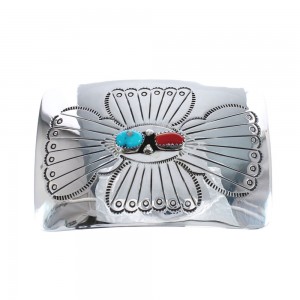 Native American Navajo Sterling Silver Turquoise And Coral Belt Buckle AX125187