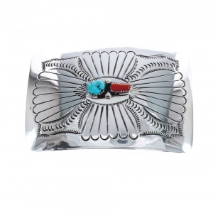 Native American Navajo Sterling Silver Turquoise And Coral Belt Buckle AX125188