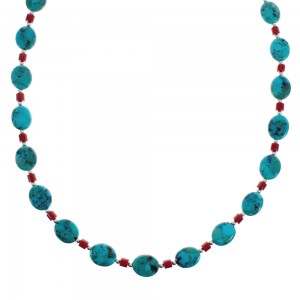 Turquoise Coral Sterling Silver Native American Bead Necklace AX125576