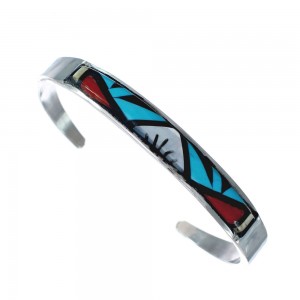 Authentic Sterling Silver Multicolor Inlay Zuni Cuff Bracelet JX126287