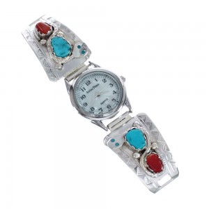 Native American Snake Zuni Sterling Silver Turquoise And Coral Watch JX126266