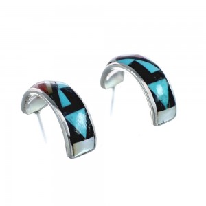 Multicolor Inlay Zuni Indian Sterling Silver Post Hoop Earrings AX125711