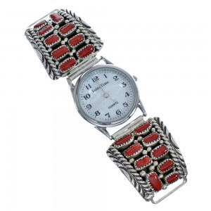 Navajo Genuine Sterling Silver Coral Stone Watch JX126440