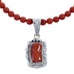 Native American Navajo Coral Round Bead Pendant Sterling Silver Necklace JX126557