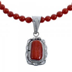 Native American Navajo Coral Round Bead Pendant Sterling Silver Necklace JX126558