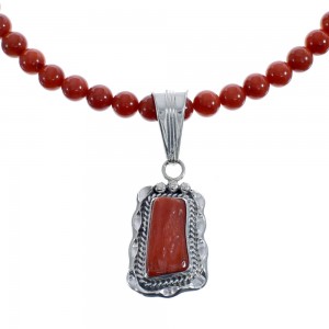Native American Navajo Coral Round Bead Pendant Sterling Silver Necklace JX126562