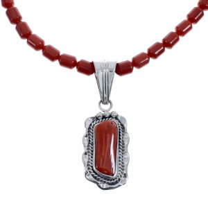 Native American Navajo Coral Bead Pendant Sterling Silver Necklace JX126565