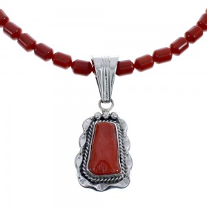 Native American Navajo Coral Bead Pendant Sterling Silver Necklace JX126567