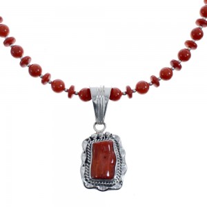 Native American Navajo Coral Bead Pendant Sterling Silver Necklace JX126570