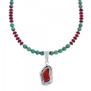 Native American Navajo Turquoise Coral Bead Pendant Sterling Silver Necklace JX126572