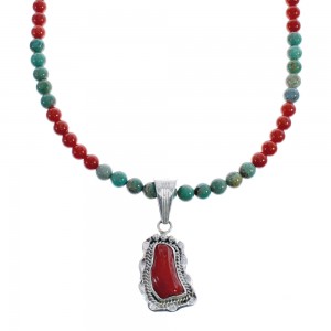 Native American Navajo Turquoise Coral Bead Pendant Sterling Silver Necklace JX126573