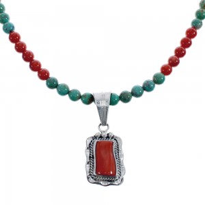 Native American Navajo Turquoise Coral Bead Pendant Sterling Silver Necklace JX126574