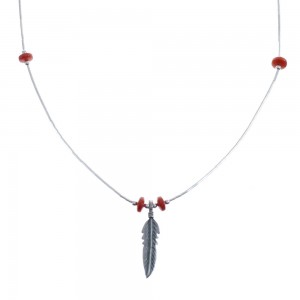 Native American Liquid Silver and Coral Feather Pendant Necklace JX126589