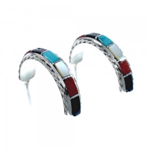 Zuni Multicolor Inlay Sterling Silver Post Hoop Earrings AX125714