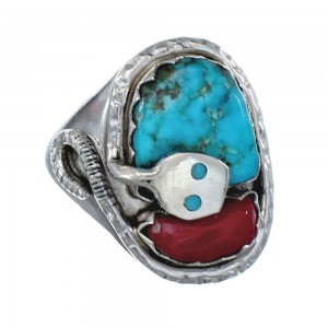 Zuni Sterling Silver Turquoise Coral Snake Ring Size 7 AX125799