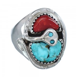 Zuni Sterling Silver Turquoise Coral Snake Ring Size 9 AX125800