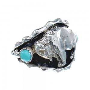 Navajo Turquoise Sterling Silver Buffalo Ring Size 14-1/4 AX125745