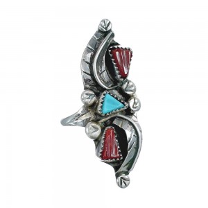 Sterling Silver Zuni Turquoise Coral Leaf Design Ring Size 7-1/2 AX125805