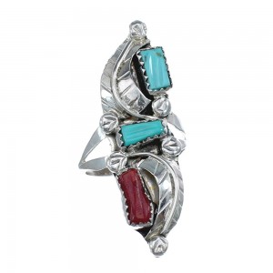 Sterling Silver Zuni Turquoise Coral Leaf Design Ring Size 8-1/4 AX125807