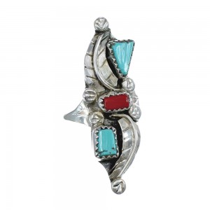 Native American Zuni Turquoise And Coral Leaf Ring Size 7-1/2 AX125811