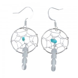 Turquoise Genuine Sterling Silver Navajo Dream Catcher Feather Hook Dangle Earrings AX125963