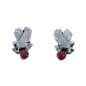 Native American Coral Sterling Silver Eagle Post Dangle Earrings AX125985