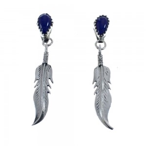 Feather Sterling Silver Navajo Lapis Post Dangle Earrings AX125992