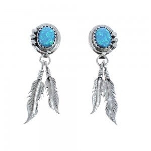 Sterling Silver Navajo Blue Opal Feather Post Dangle Earrings AX125975