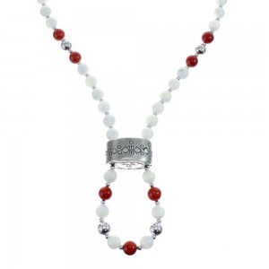 Coral And Mother of Pearl Navajo Sterling Silver Bead Necklace AX126060