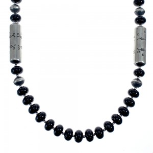Navajo Old Pawn Style Sterling Silver And Onyx Bead Necklace AX126081