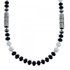 Navajo Mother of Pearl And Onyx Old Pawn Style Sterling Silver Bead Necklace AX126082
