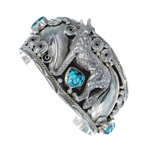 Navajo Sterling Silver Turquoise Wolf Leaf Cuff Bracelet AX125892