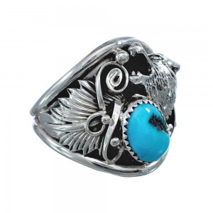 Navajo Indian Authentic Sterling Silver Wolf Turquoise Jewerly Ring Size 14 AX126085