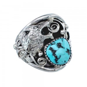Navajo Indian Authentic Sterling Silver Wolf Turquoise Jewerly Ring Size 12-1/4 AX126087