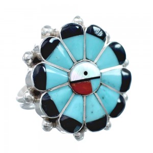 Zuni Sun and Flower Multicolor Multistone Inlay Ring Size 8-1/2 AX126154