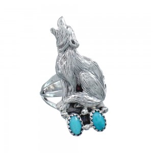 Navajo Wolf Sterling Silver Turquoise Ring Size 8-1/2 AX126418