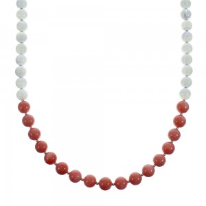 Sterling Silver Pink Coral and Mother of Pearl Bead Necklace JX127011