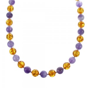 Amber And Amethyst Sterling Silver Bead Necklace JX126877