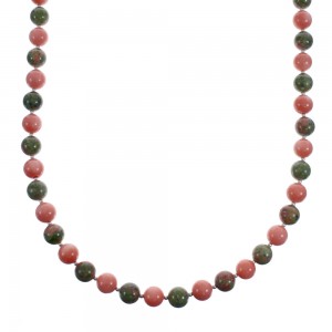 Native American Unakite and Coral Bead Sterling Silver Necklace JX126860
