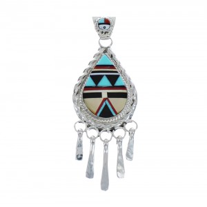 Native American Zuni Multicolor Sterling Silver Sun Tear Drop Pendant JX126417