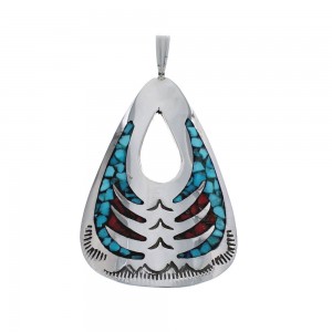 Turquoise and Coral Inlay Genuine Sterling Silver Navajo Pendant JX126367