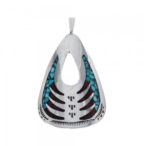 Turquoise and Coral Inlay Genuine Sterling Silver Navajo Pendant JX126370